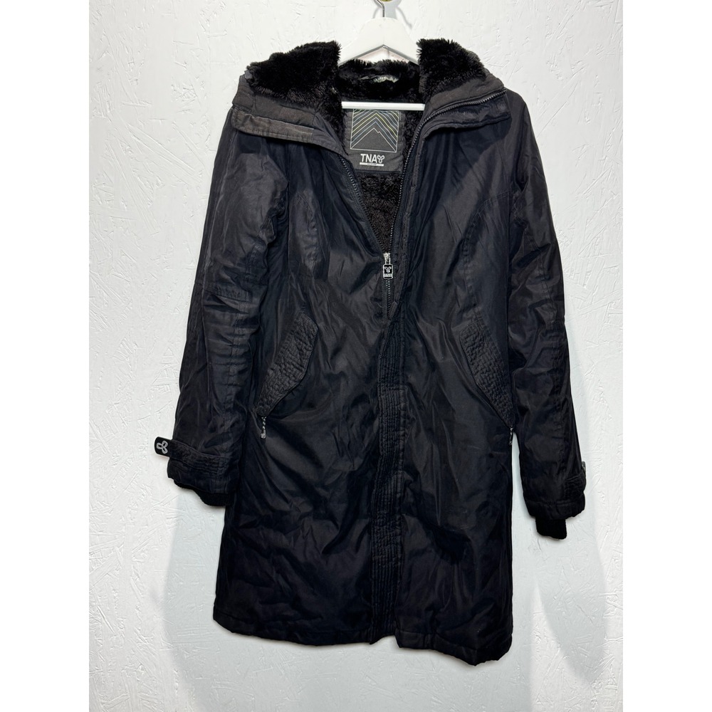 TNA Aritzia Black Parka Faux Fur Lined Hooded Winter Coat Jacket M NYT3-5031
